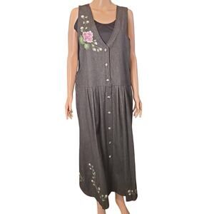 Vintage Ronnie Salloway Hand Painted Floral Dress Wearable Art Denim Large USA